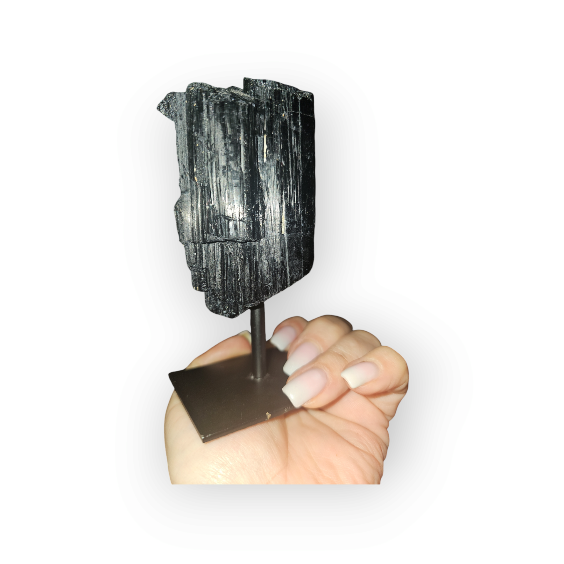 Naturbelassener großer schwarzer Turmalin auf solidem Metallsockel – Bild 3