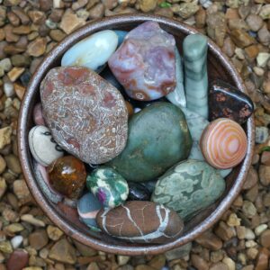 handmade bowl, tumbled stones, stones
