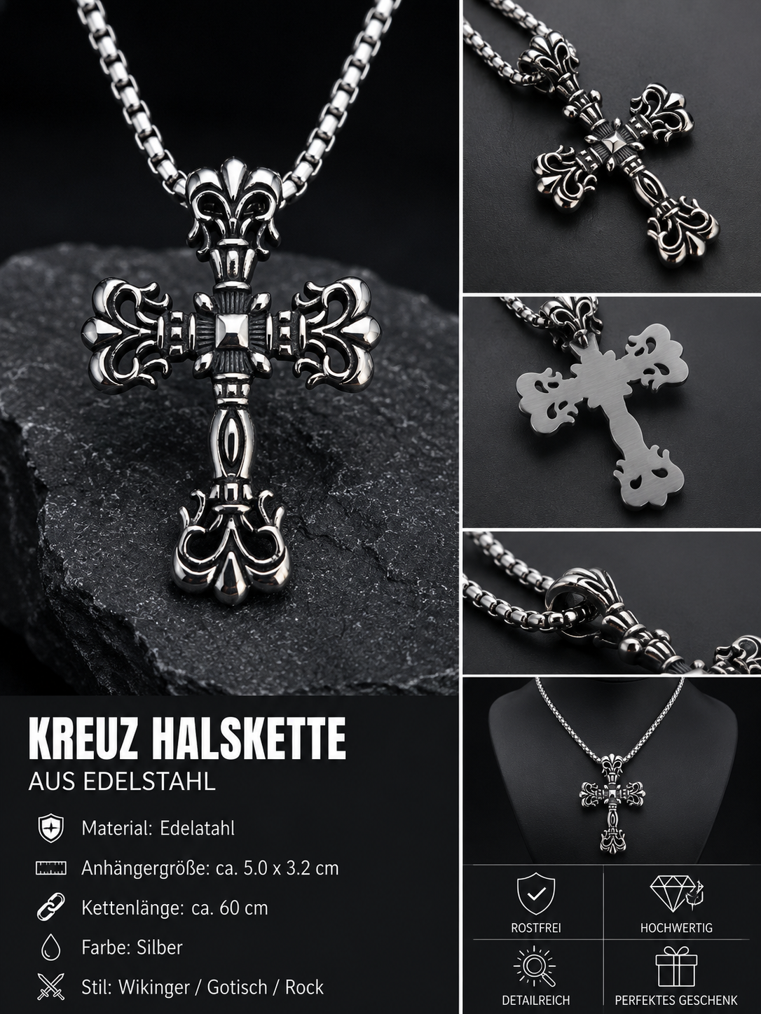 Lilienkreuz aus Edelstahl – Gotische Halskette