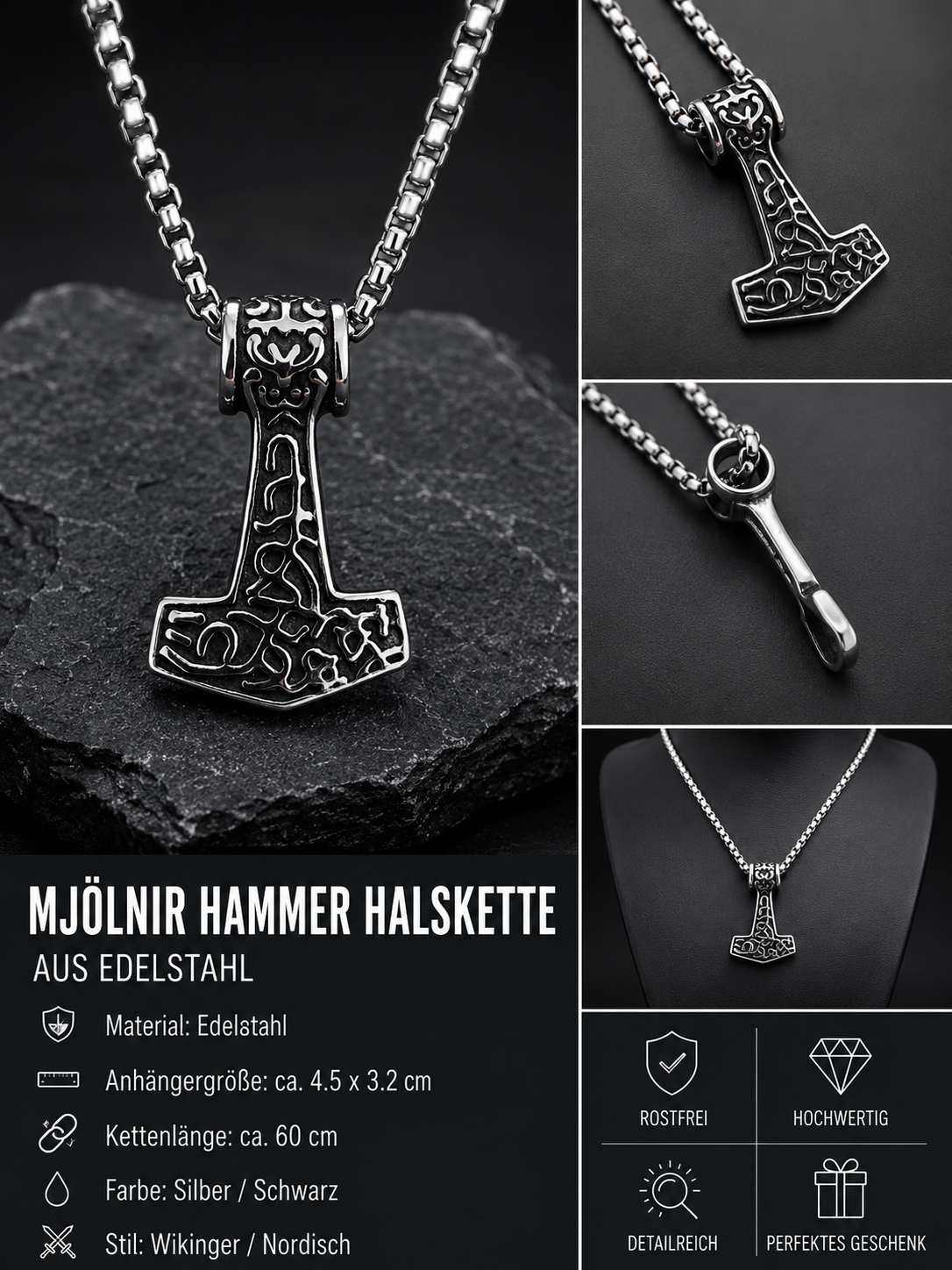 ⚒️ Mjölnir Halskette aus Edelstahl – Nordischer Thors Hammer