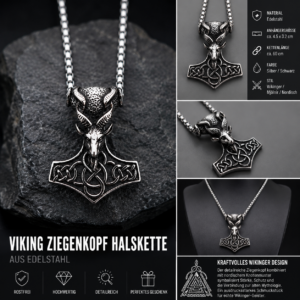 Wikinger-Halskette „Ziegenkopf mit Mjölnir“ aus Edelstahl