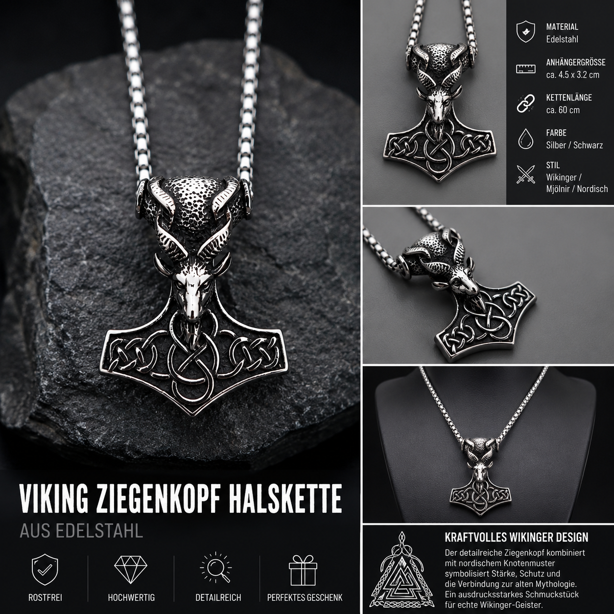 Wikinger-Halskette „Ziegenkopf mit Mjölnir“ aus Edelstahl