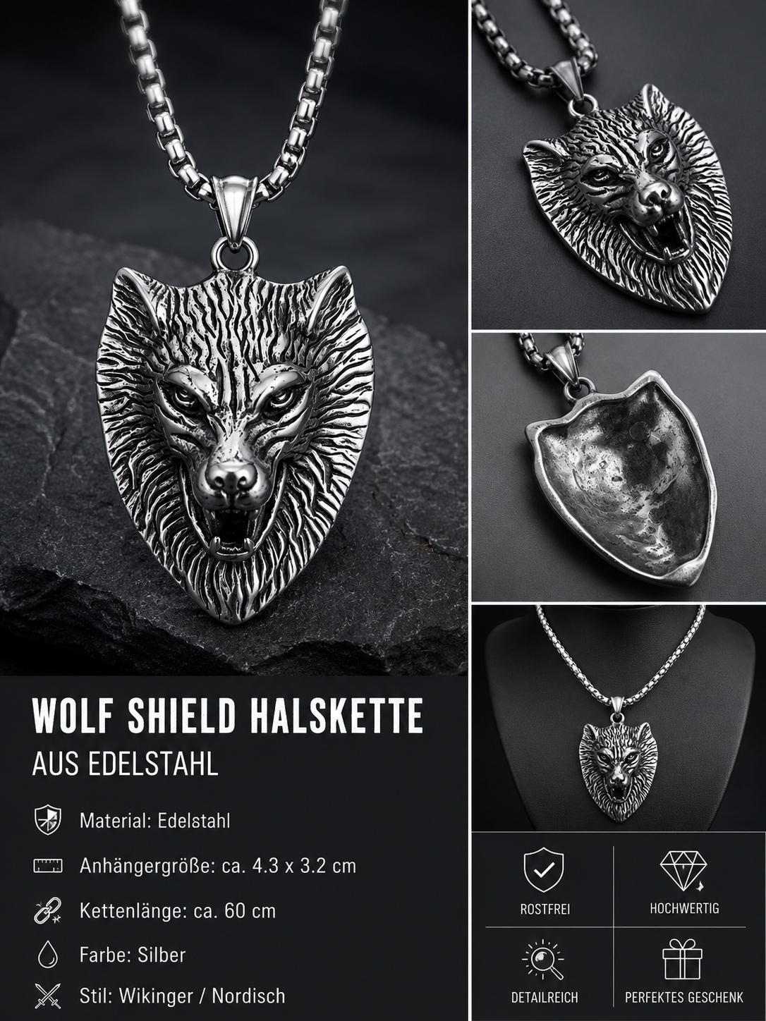 Fenrir Wolfskopf Halskette aus Edelstahl