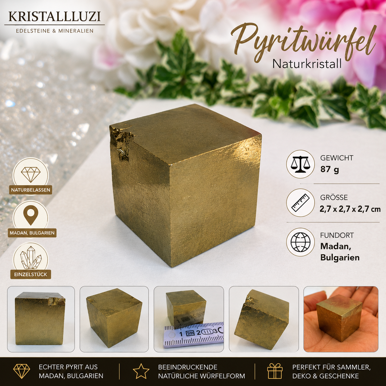 großer Pyritwürfel – Naturkristall aus Madan, Bulgarien (87 g) – Bild 2