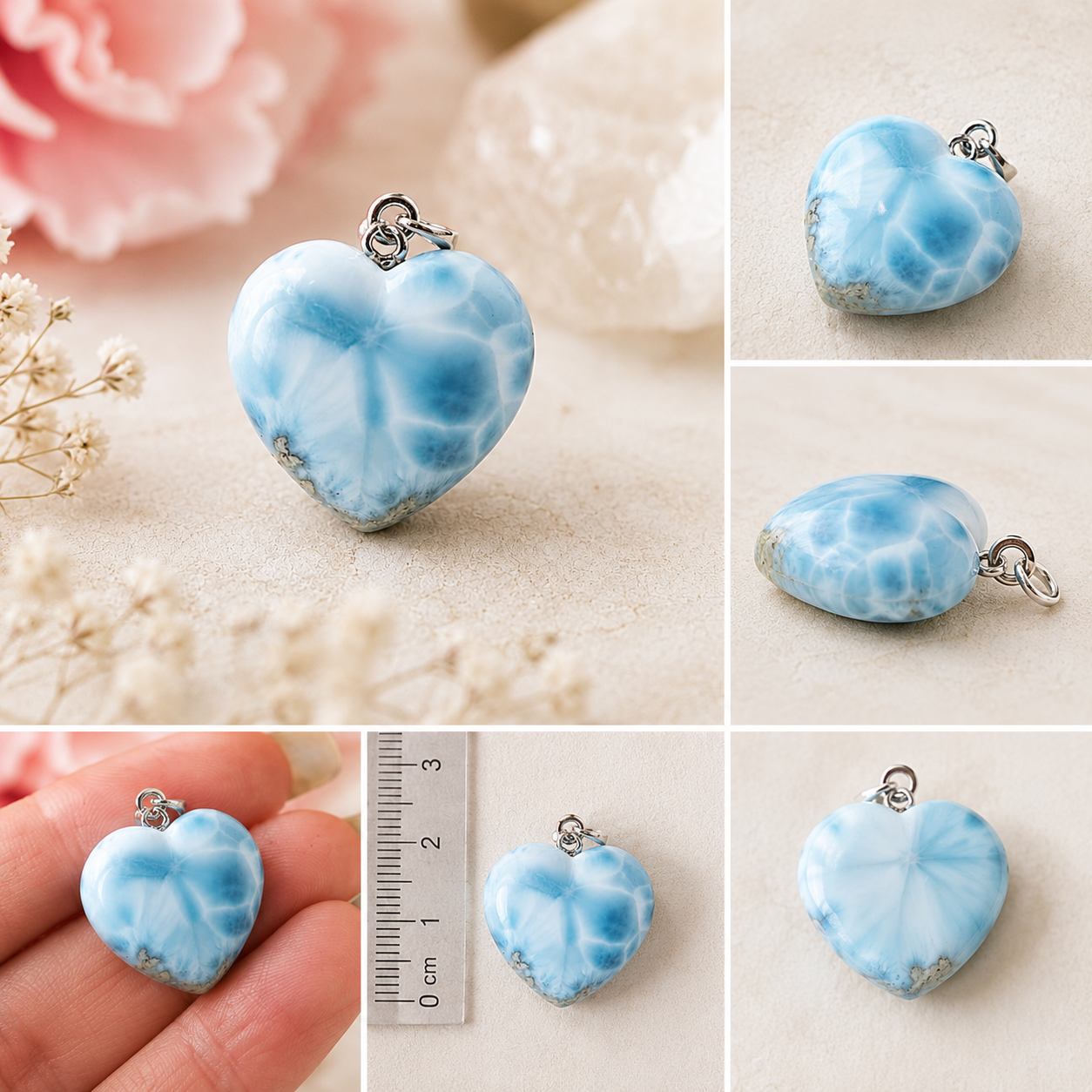 Larimar Herzanhänger „Herz des Ozeans“ – Naturunikat mit 925 Silberöse