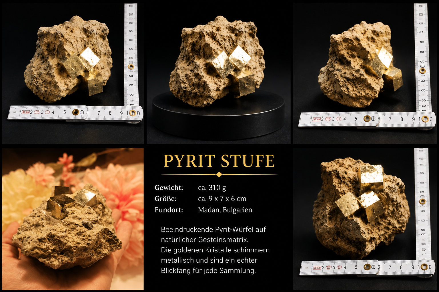 Natur-Pyritstufe mit großen Pyritwürfeln auf Matrix – Sammlerstück aus Madan, Bulgarien – Bild 4