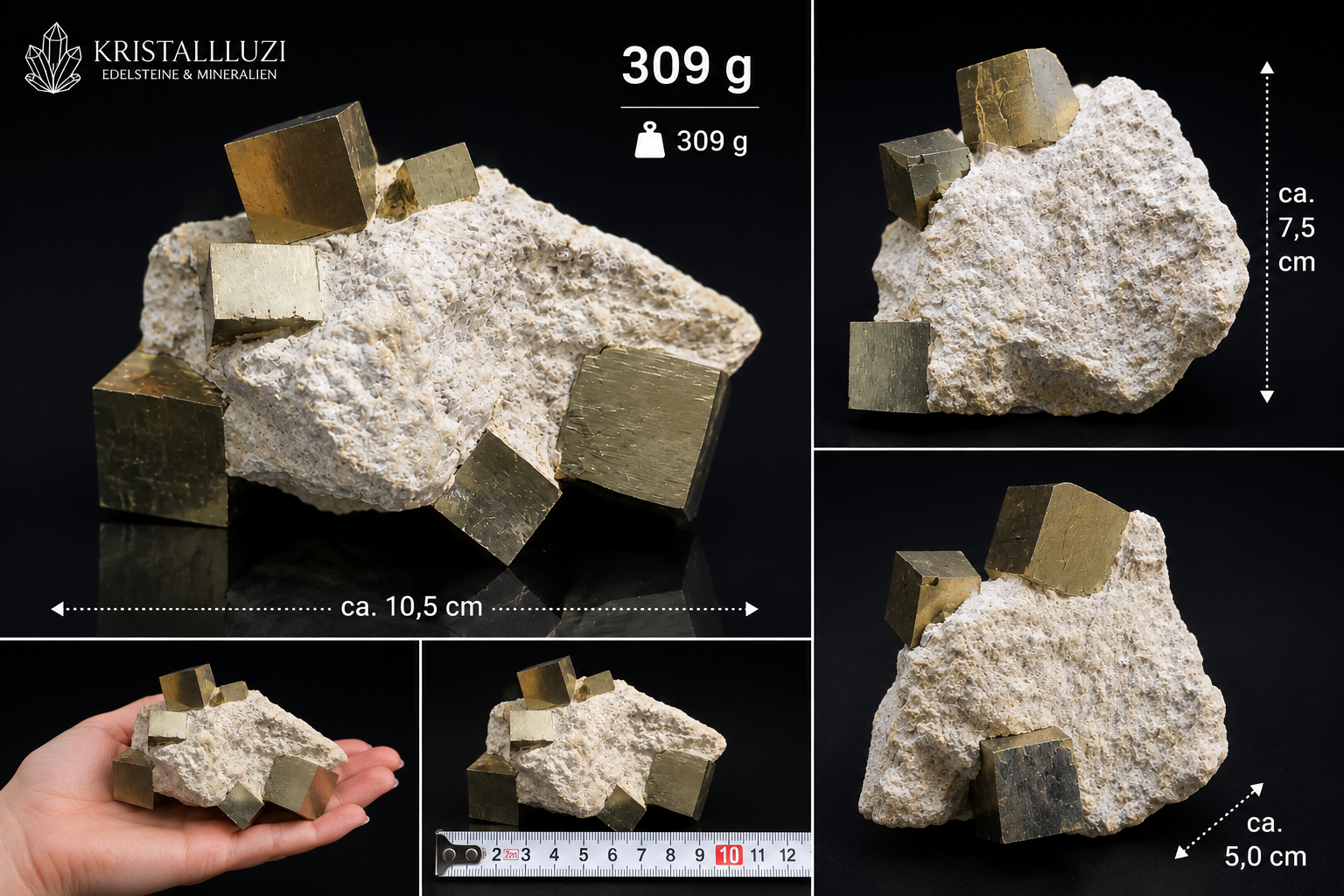 Natur-Pyritstufe mit großen Pyritwürfeln auf Matrix – Sammlerstück aus Madan, Bulgarien 309g