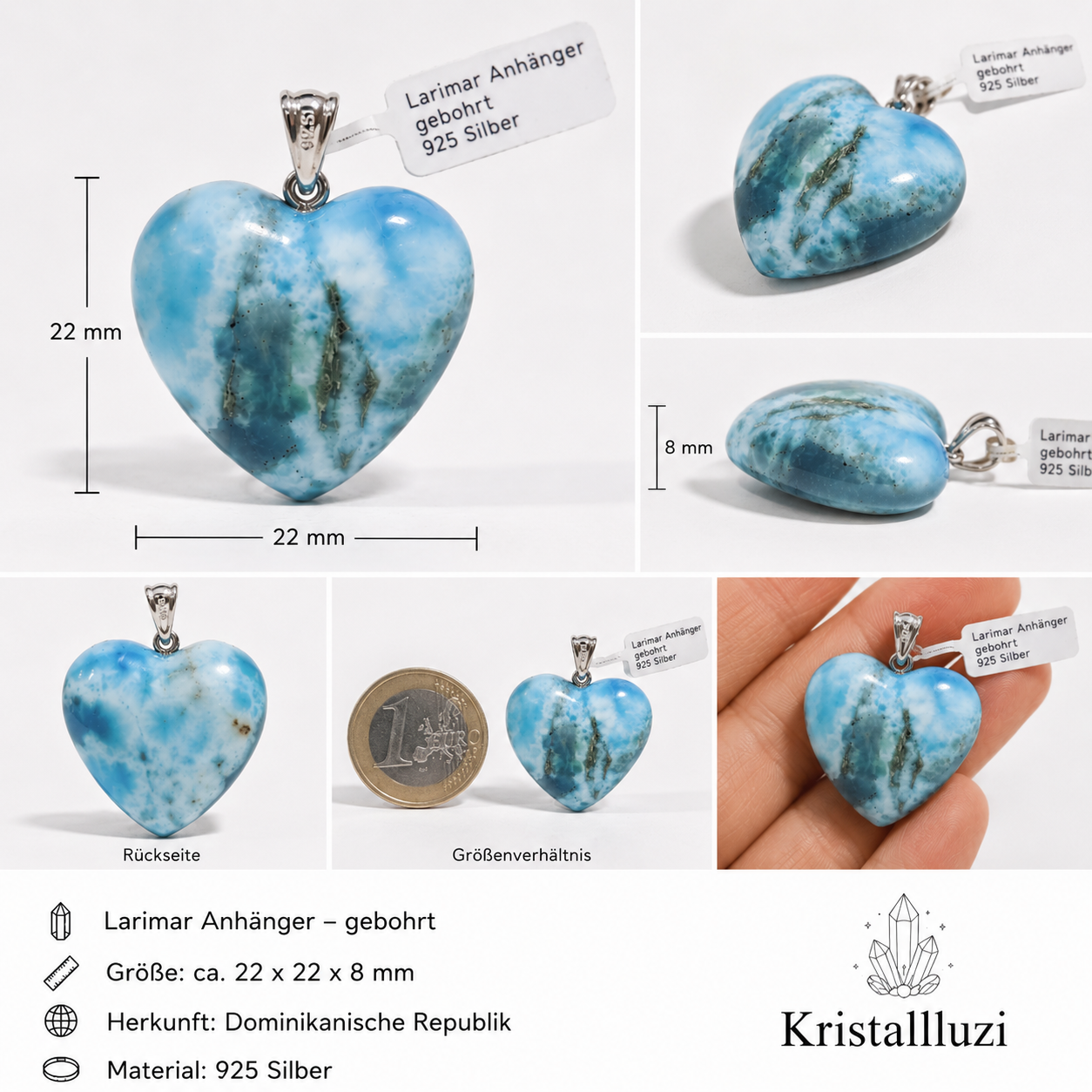 Larimar Herzanhänger „Herz des Ozeans“ – Naturunikat mit 925 Silberöse – Bild 2