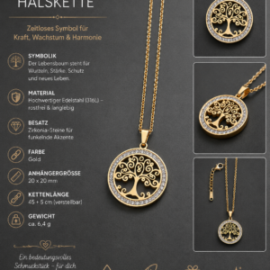 Lebensbaum-Halskette „Yggdrasil“ aus Edelstahl – Gold mit Zirkonia