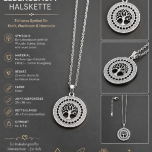 Lebensbaum-Halskette aus Edelstahl – Silber mit Zirkonia