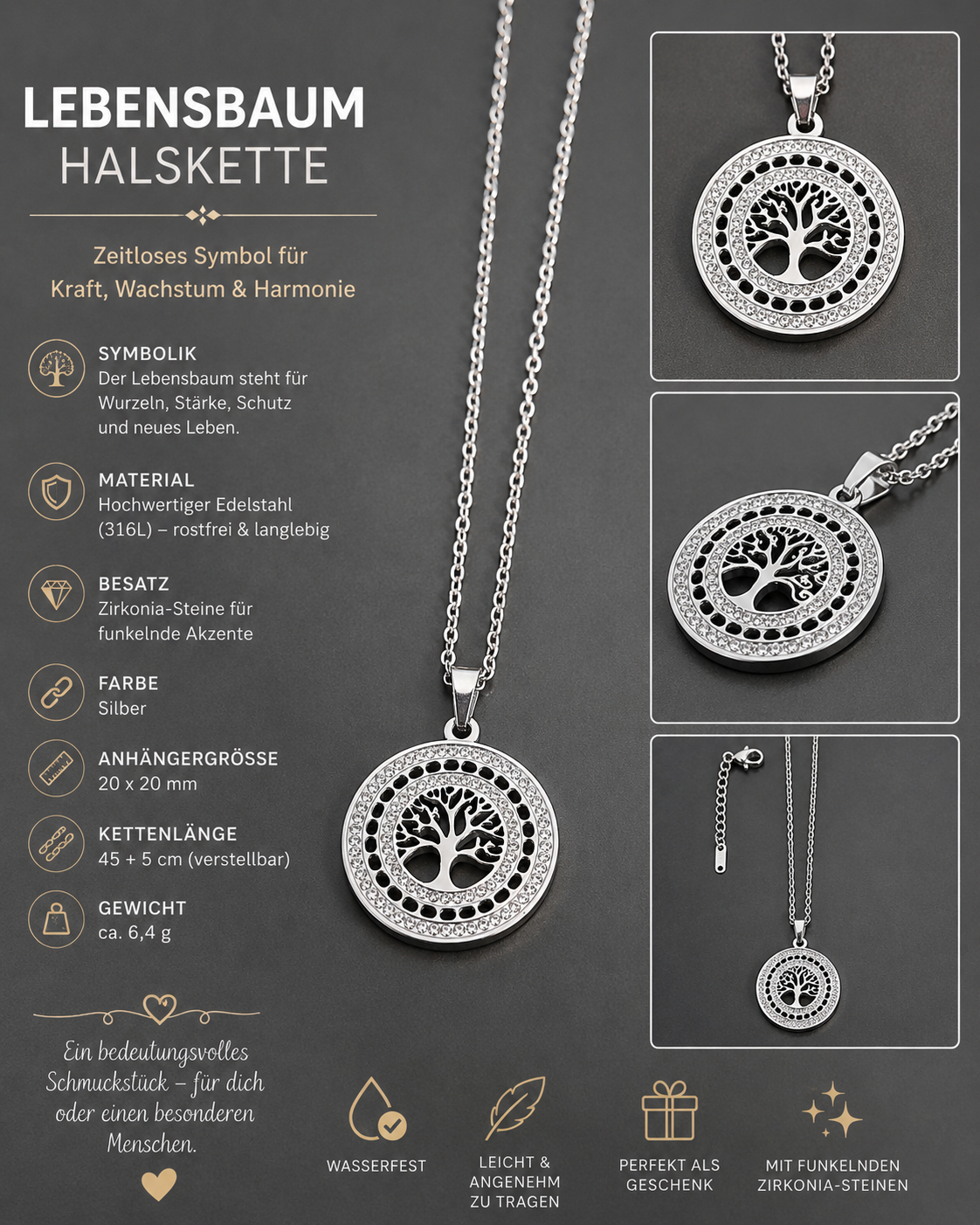 Lebensbaum-Halskette aus Edelstahl – Silber mit Zirkonia